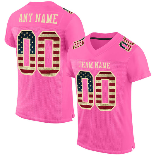 Custom Pink Vintage USA Flag-City Cream Mesh Authentic Football Jersey - Main View