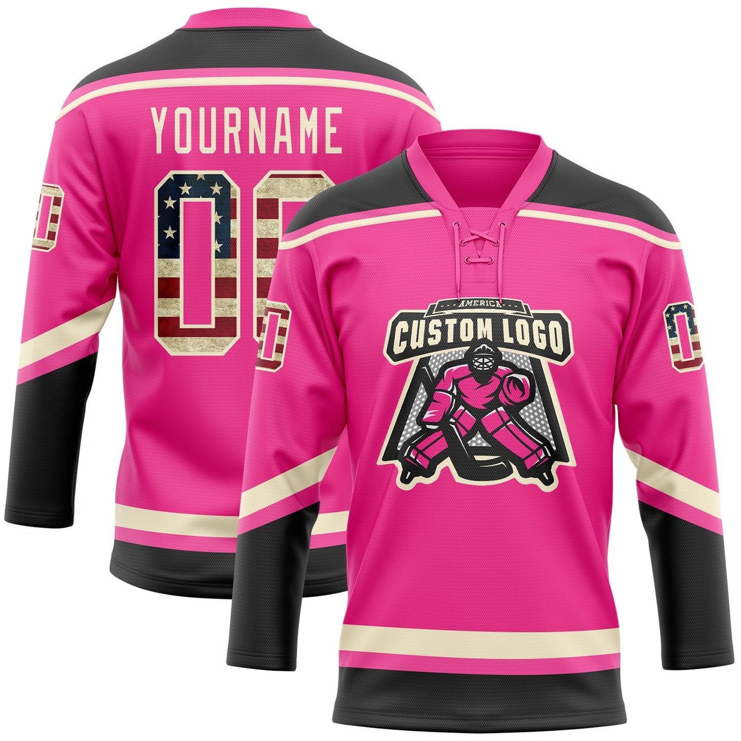 Custom Pink Vintage USA Flag Black-Cream Hockey Lace Neck Jersey view 2