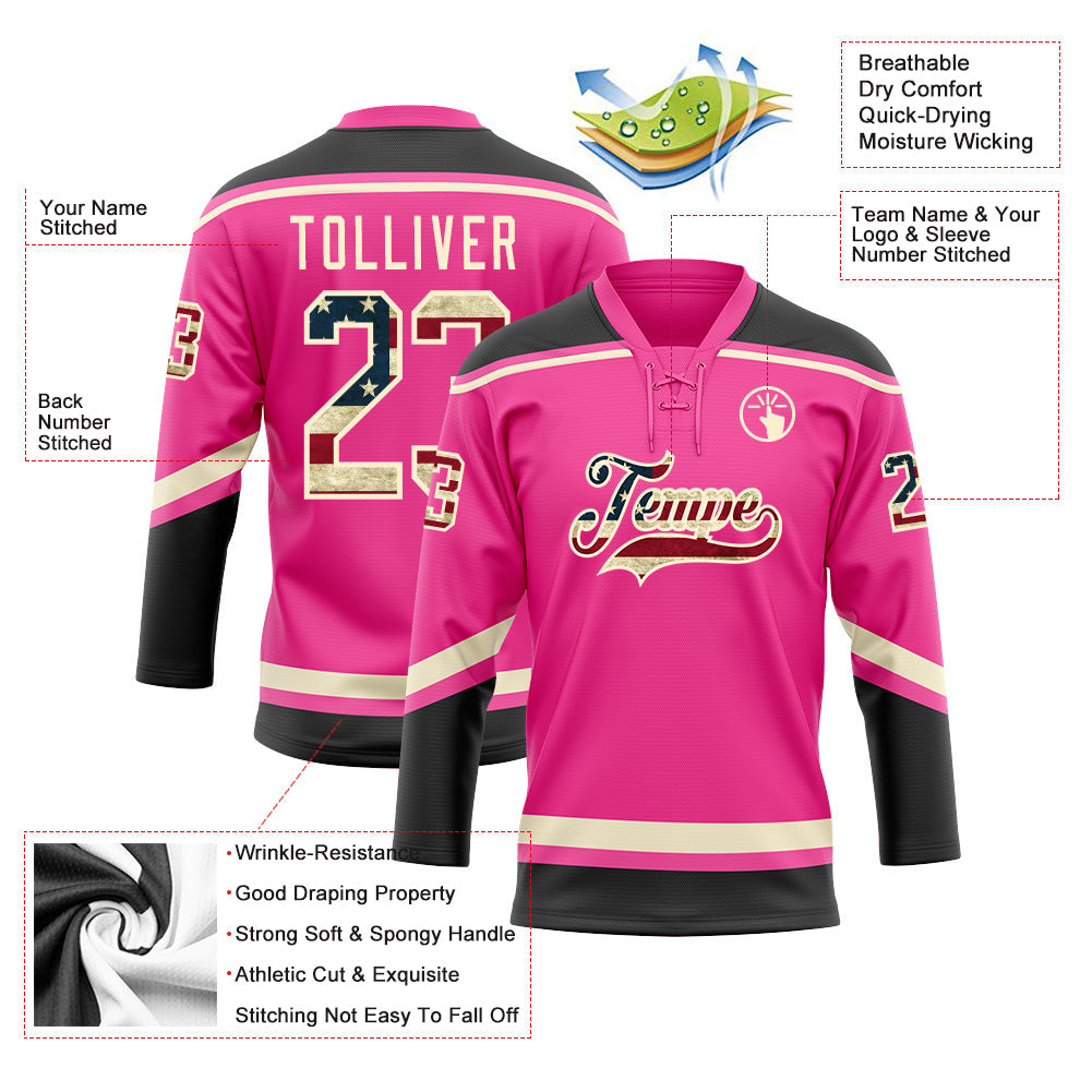 Custom Pink Vintage USA Flag Black-Cream Hockey Lace Neck Jersey view 3