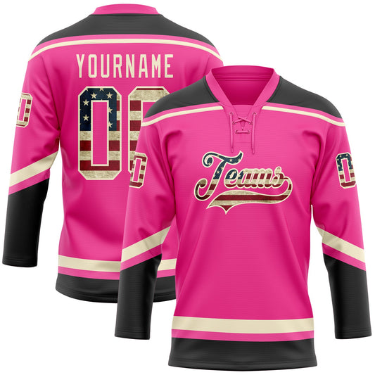 Custom Pink Vintage USA Flag Black-Cream Hockey Lace Neck Jersey - Main View