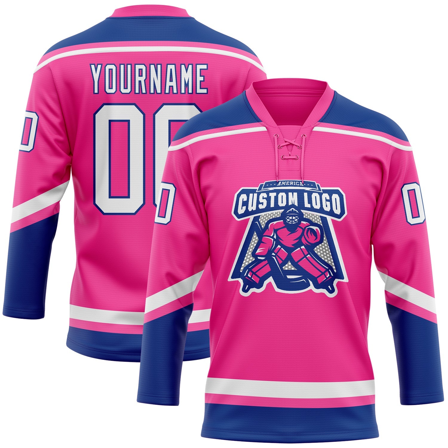 Custom Pink White-Royal Hockey Lace Neck Jersey view 2