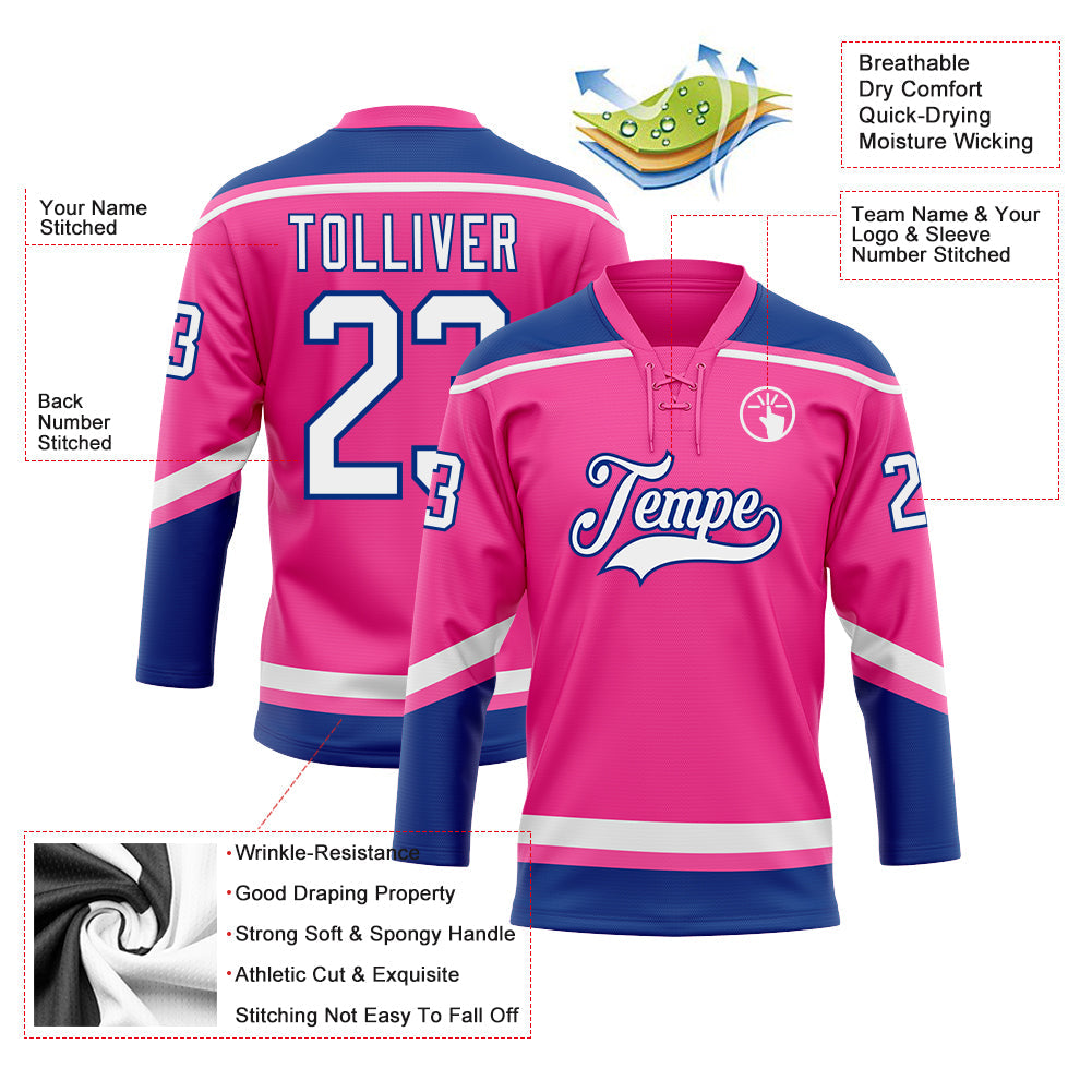 Custom Pink White-Royal Hockey Lace Neck Jersey view 3