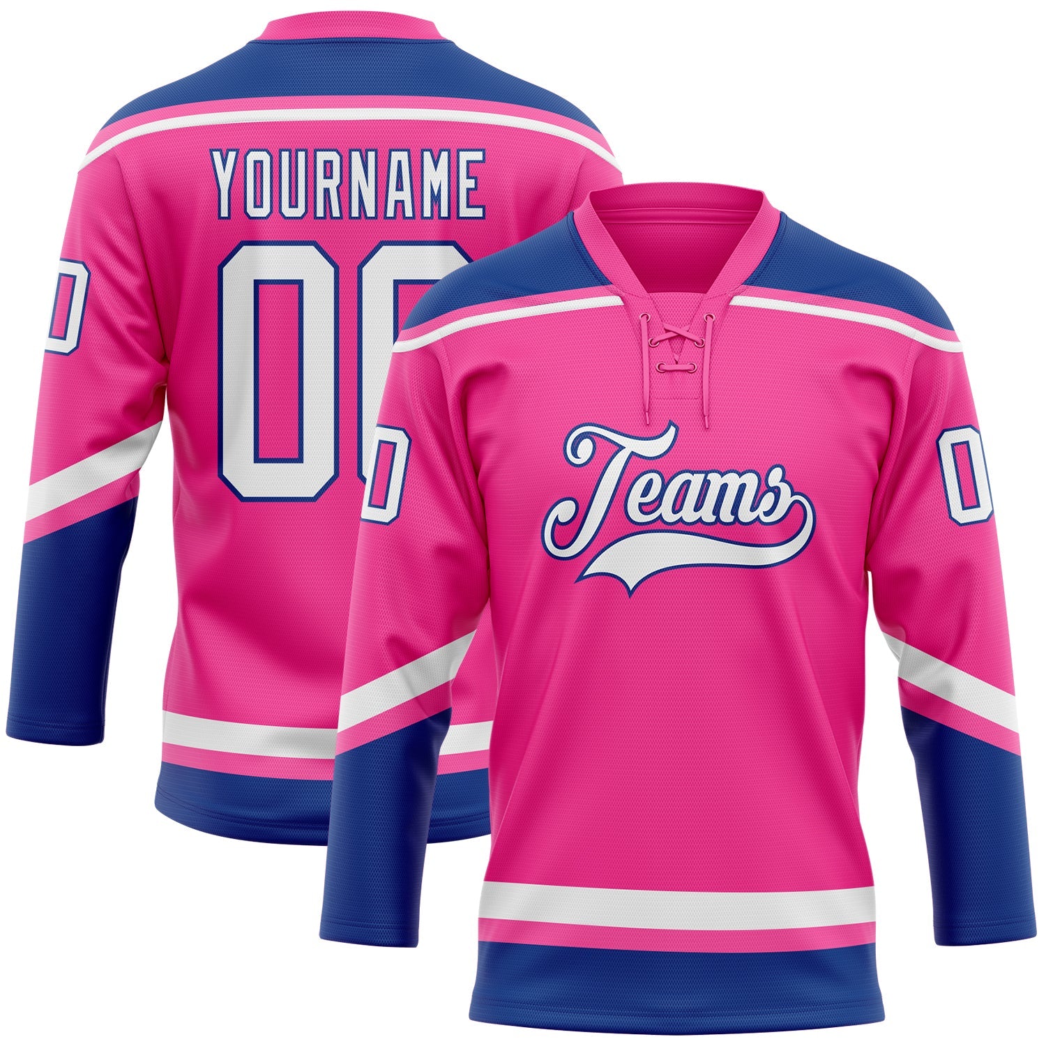 Custom Pink White-Royal Hockey Lace Neck Jersey - Main View