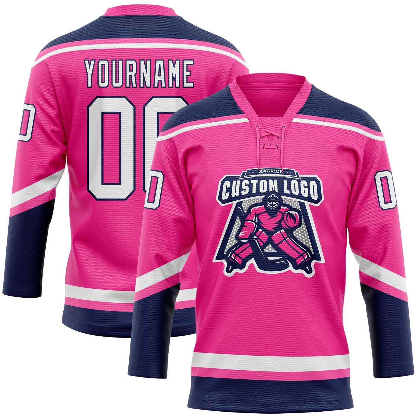 Custom Pink White-Navy Hockey Lace Neck Jersey view 2