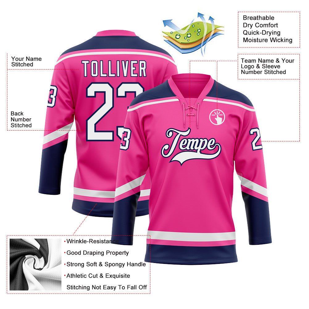Custom Pink White-Navy Hockey Lace Neck Jersey view 3