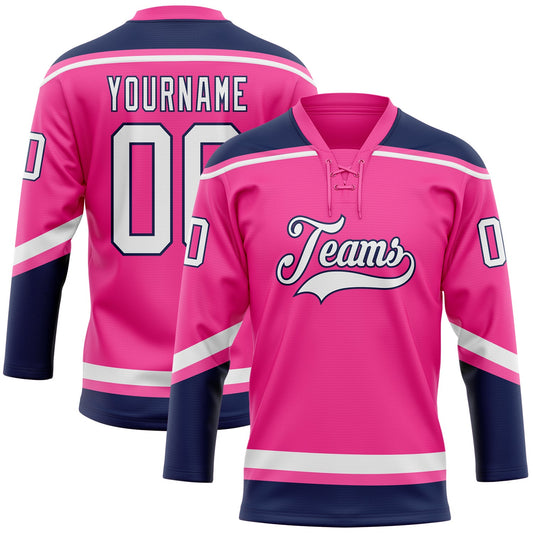 Custom Pink White-Navy Hockey Lace Neck Jersey - Main View