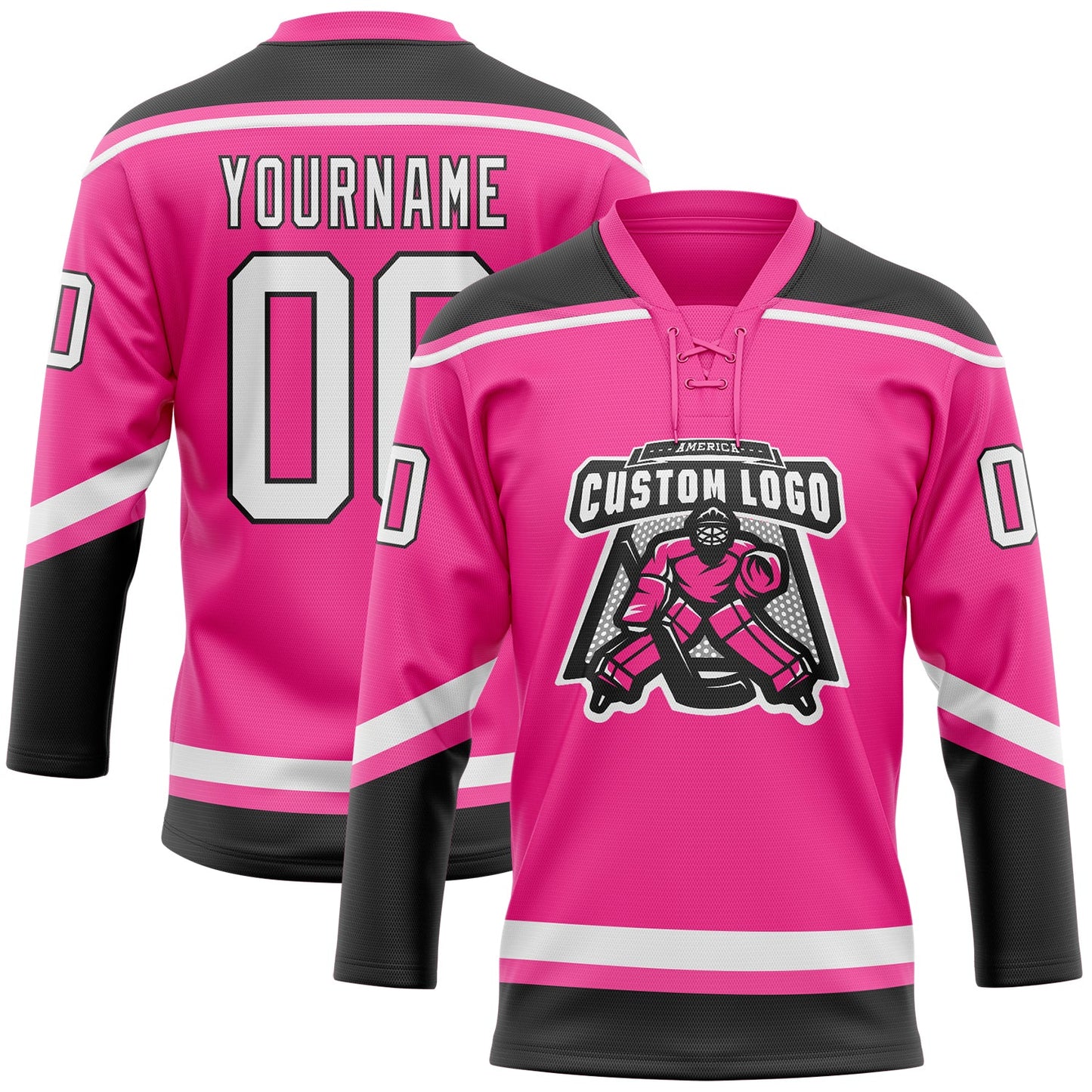 Custom Pink White-Black Hockey Lace Neck Jersey view 2