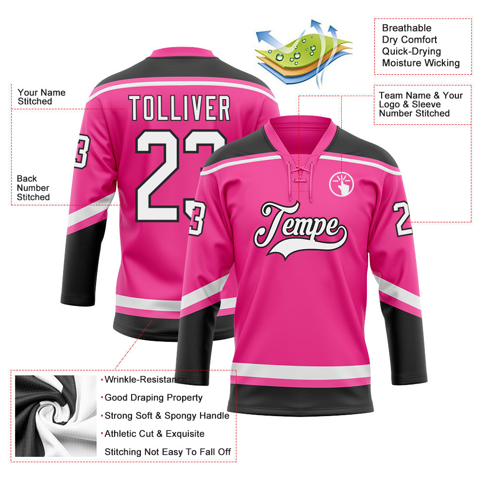 Custom Pink White-Black Hockey Lace Neck Jersey view 3
