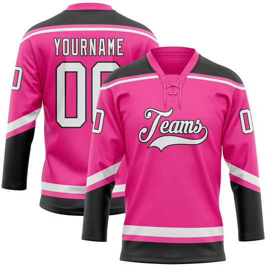 Custom Pink White-Black Hockey Lace Neck Jersey - Main View