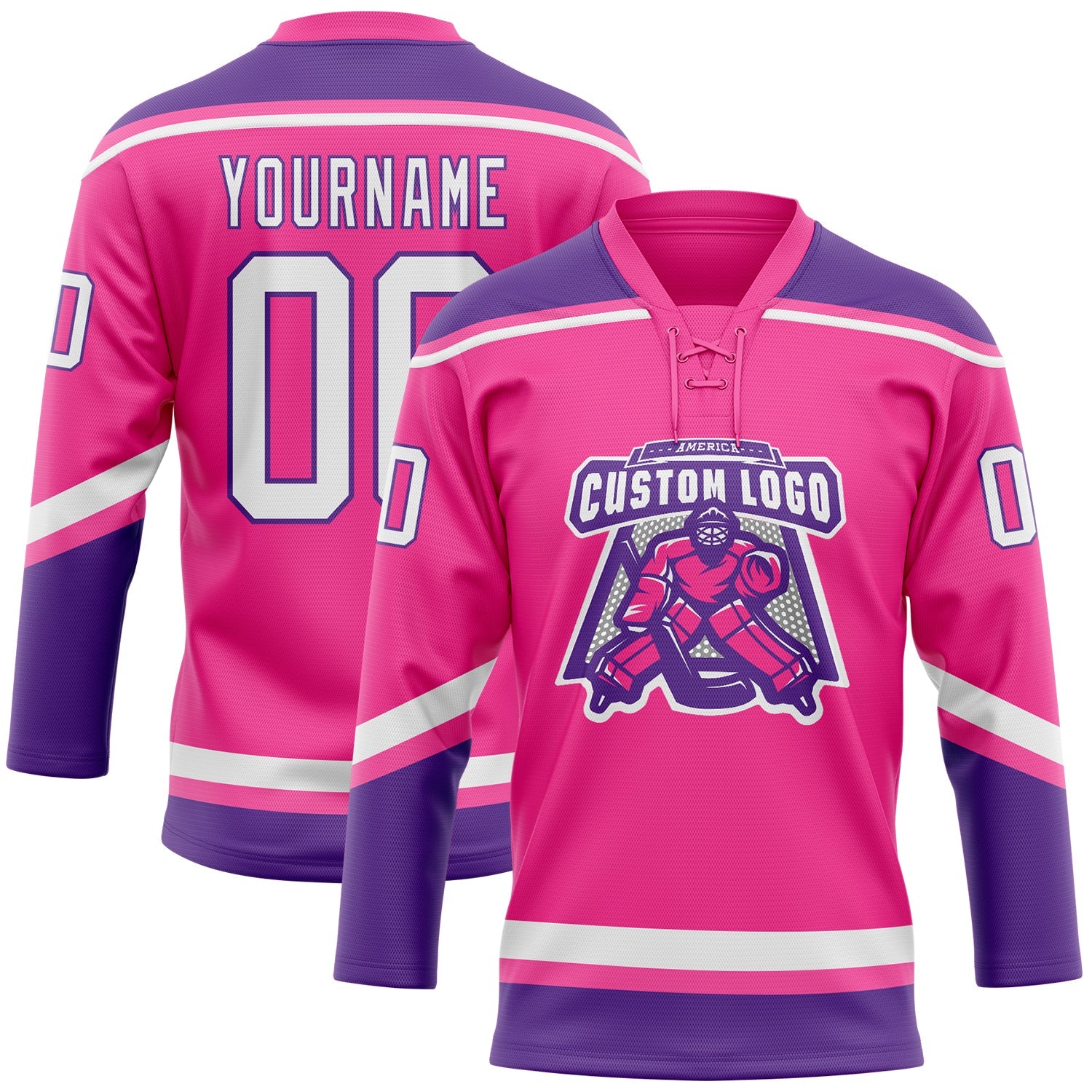 Custom Pink White-Purple Hockey Lace Neck Jersey view 2