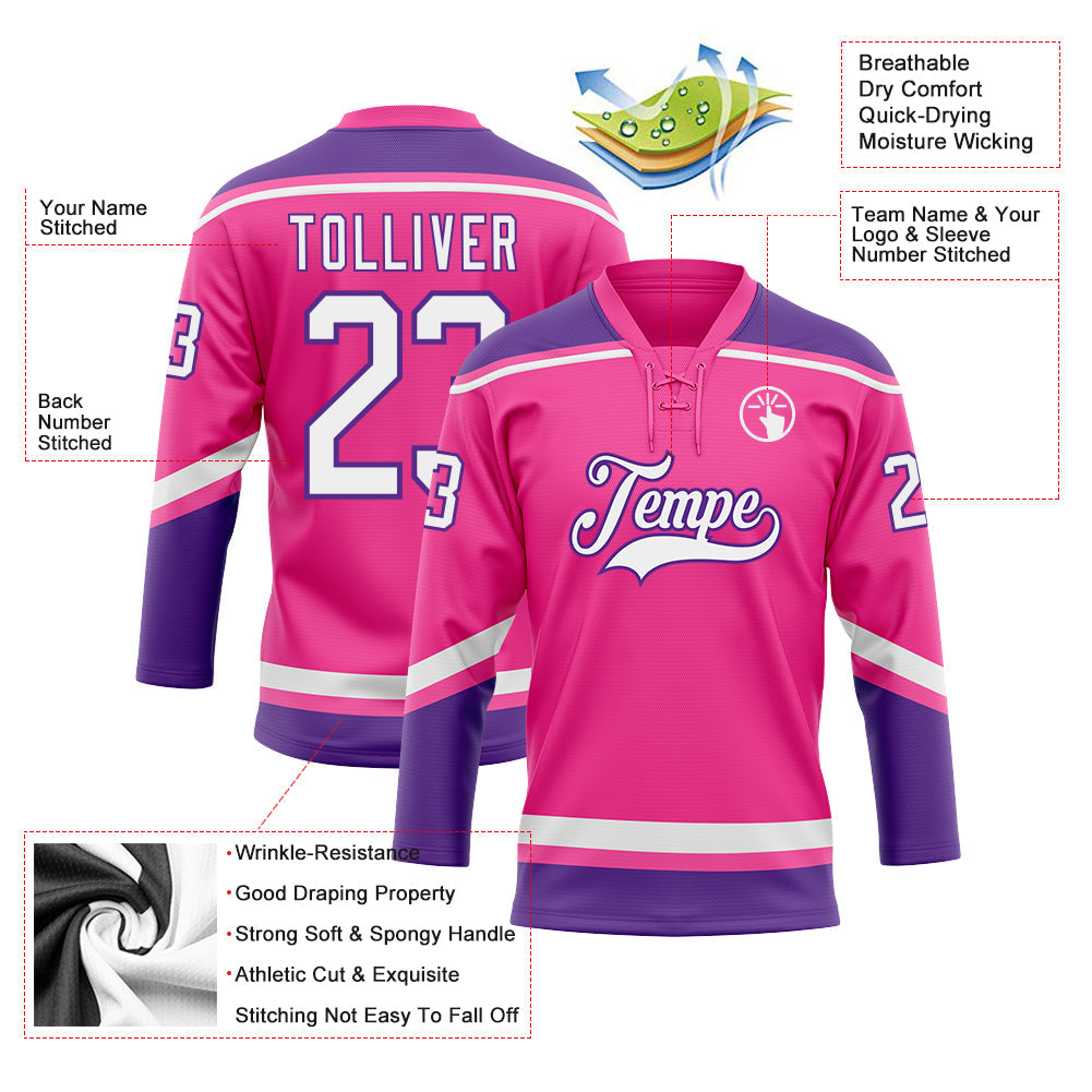 Custom Pink White-Purple Hockey Lace Neck Jersey view 3