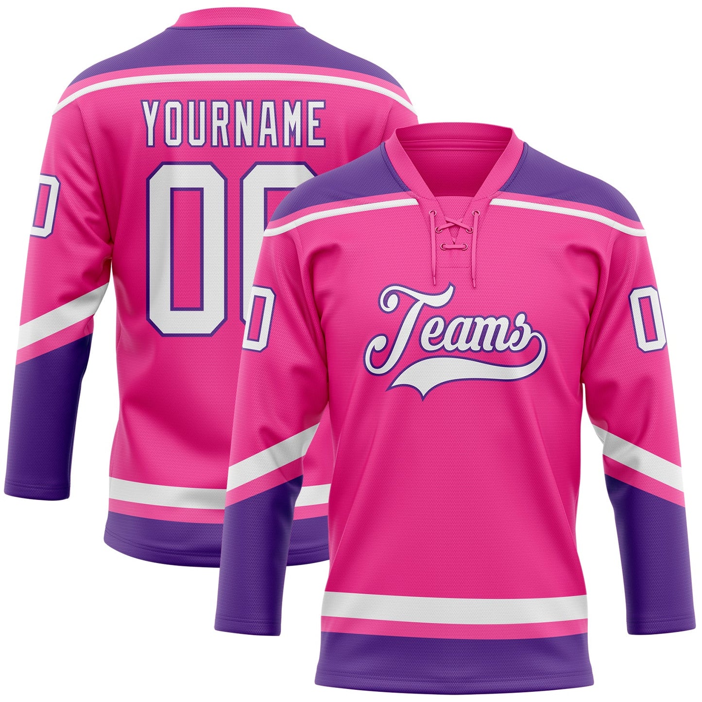 Custom Pink White-Purple Hockey Lace Neck Jersey - Main View