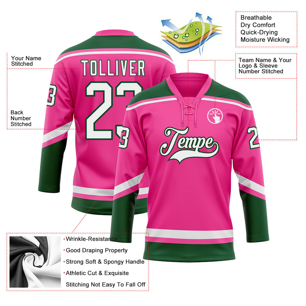 Custom Pink White-Green Hockey Lace Neck Jersey view 3