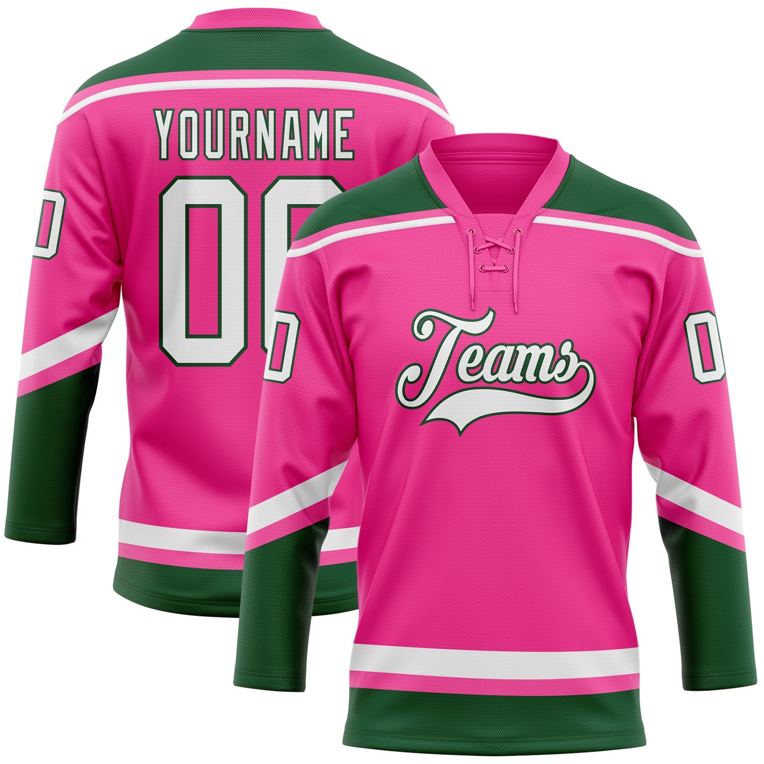 Custom Pink White-Green Hockey Lace Neck Jersey - Main View
