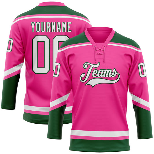 Custom Pink White-Green Hockey Lace Neck Jersey - Main View