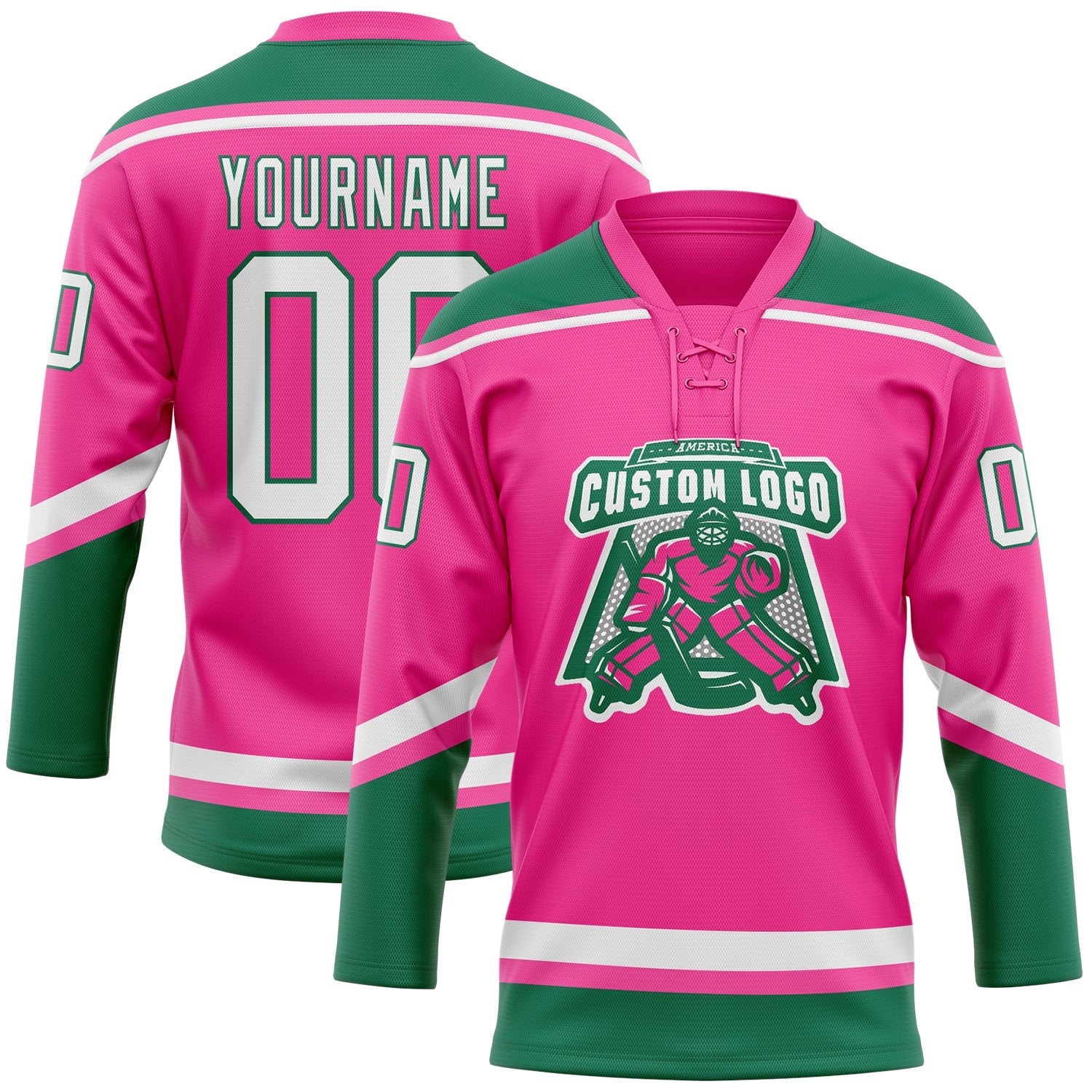 Custom Pink White-Kelly Green Hockey Lace Neck Jersey view 2