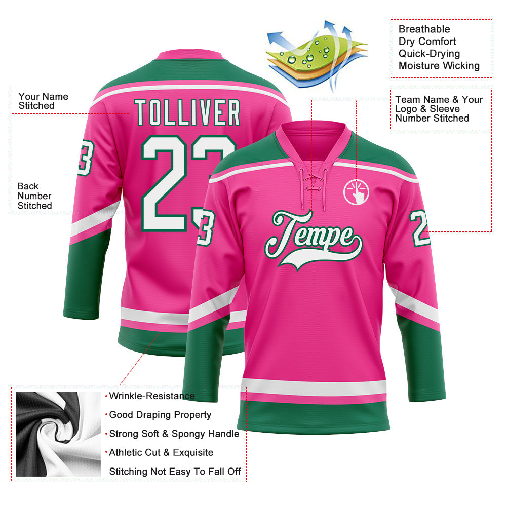 Custom Pink White-Kelly Green Hockey Lace Neck Jersey view 3