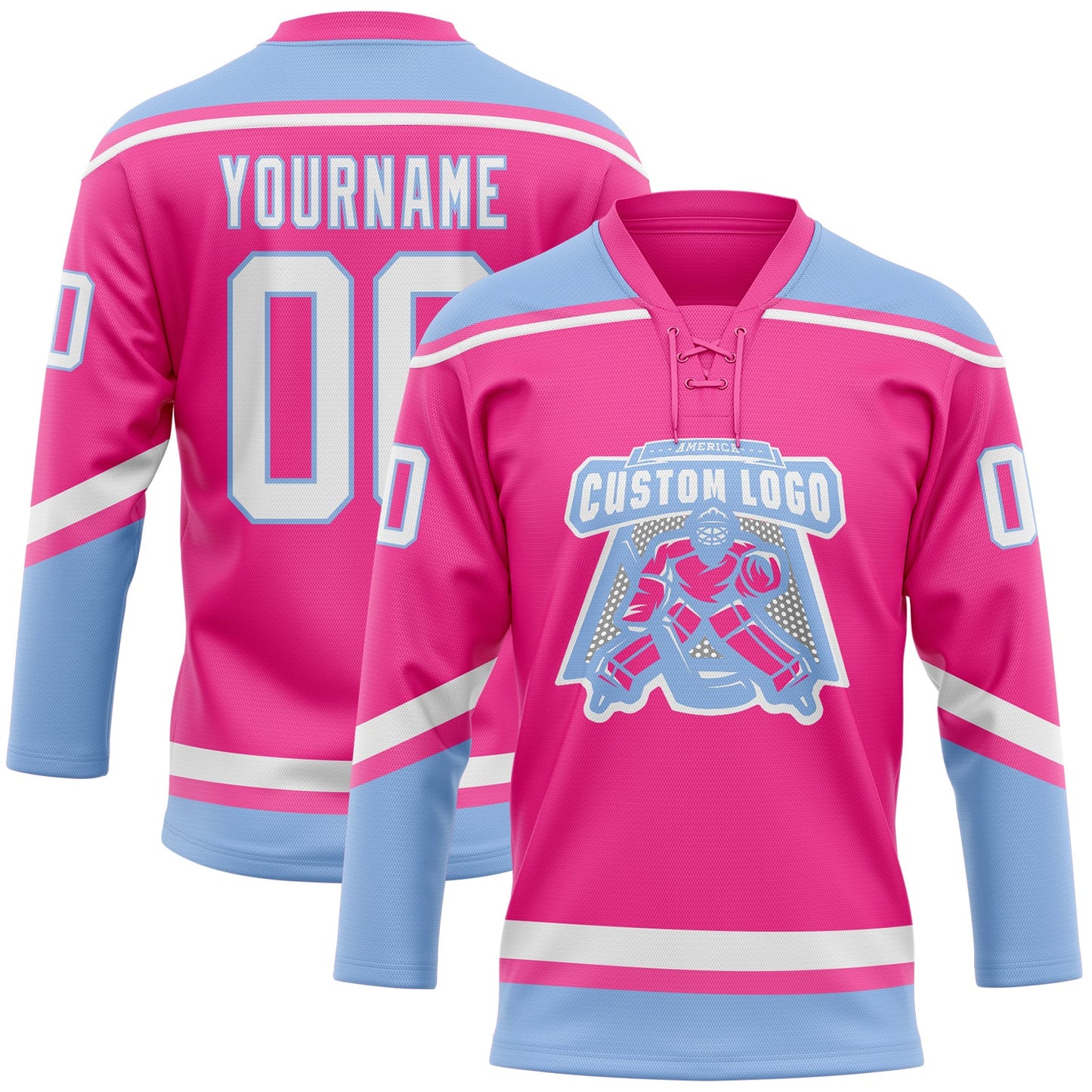 Custom Pink White-Light Blue Hockey Lace Neck Jersey view 2