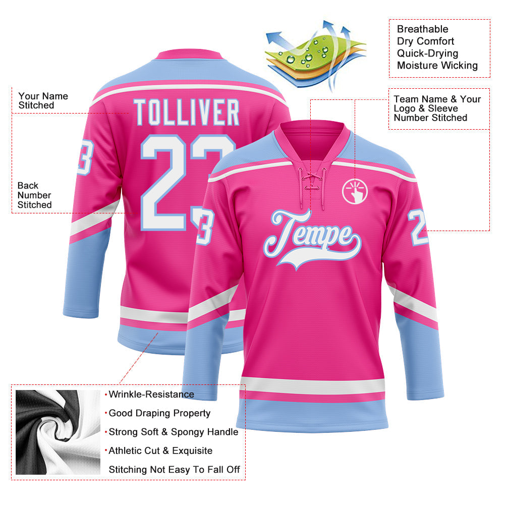 Custom Pink White-Light Blue Hockey Lace Neck Jersey view 3
