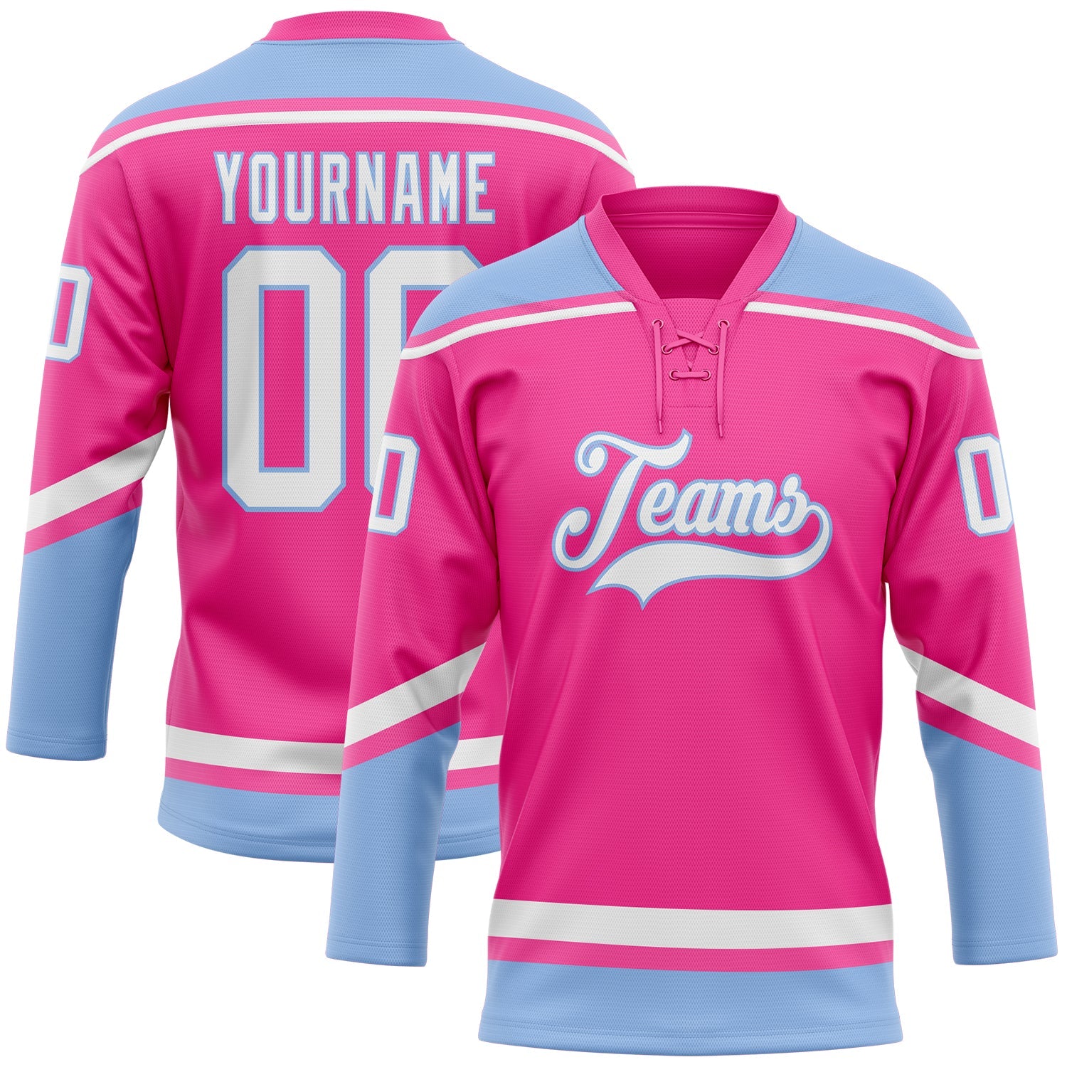 Custom Pink White-Light Blue Hockey Lace Neck Jersey - Main View
