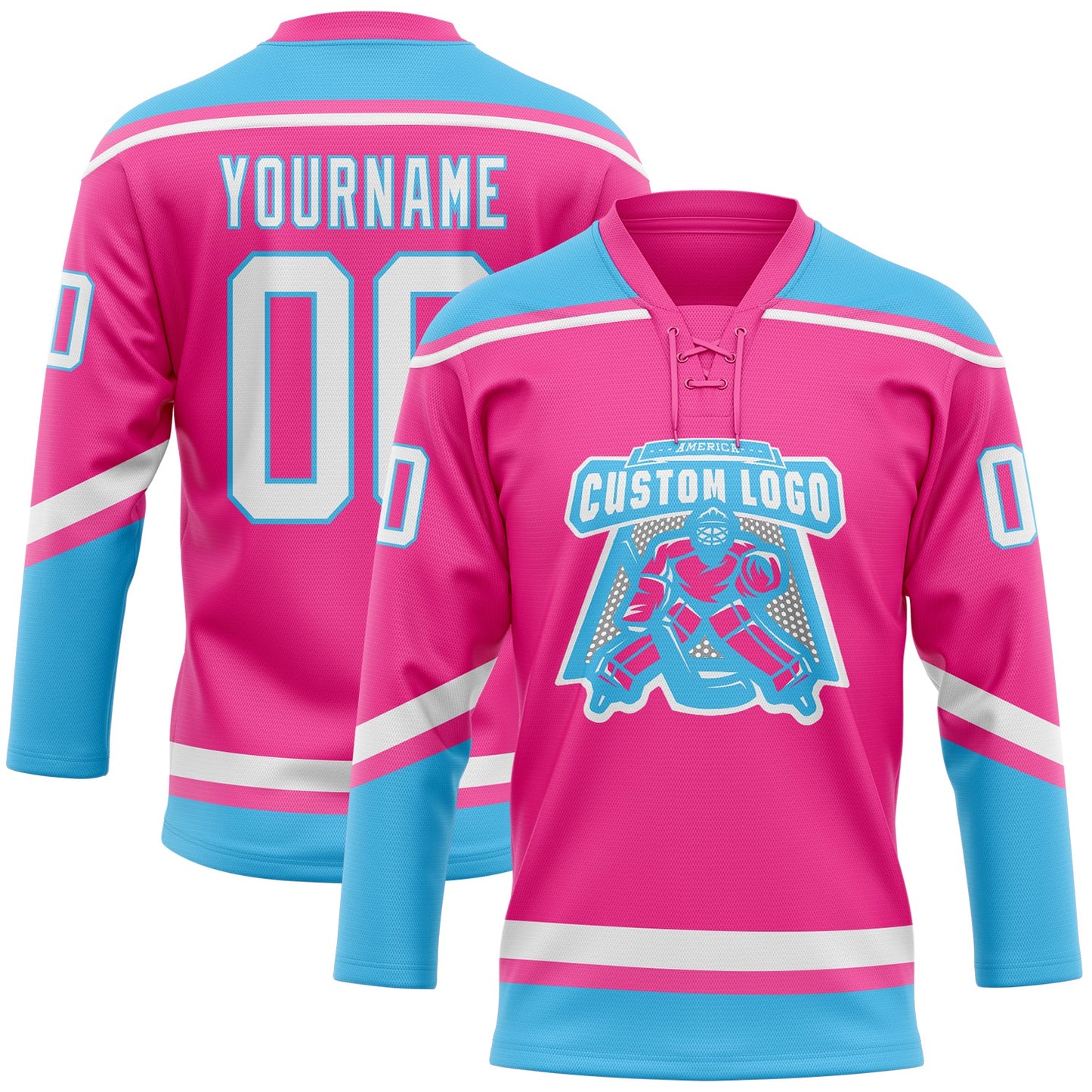 Custom Pink White-Sky Blue Hockey Lace Neck Jersey view 2