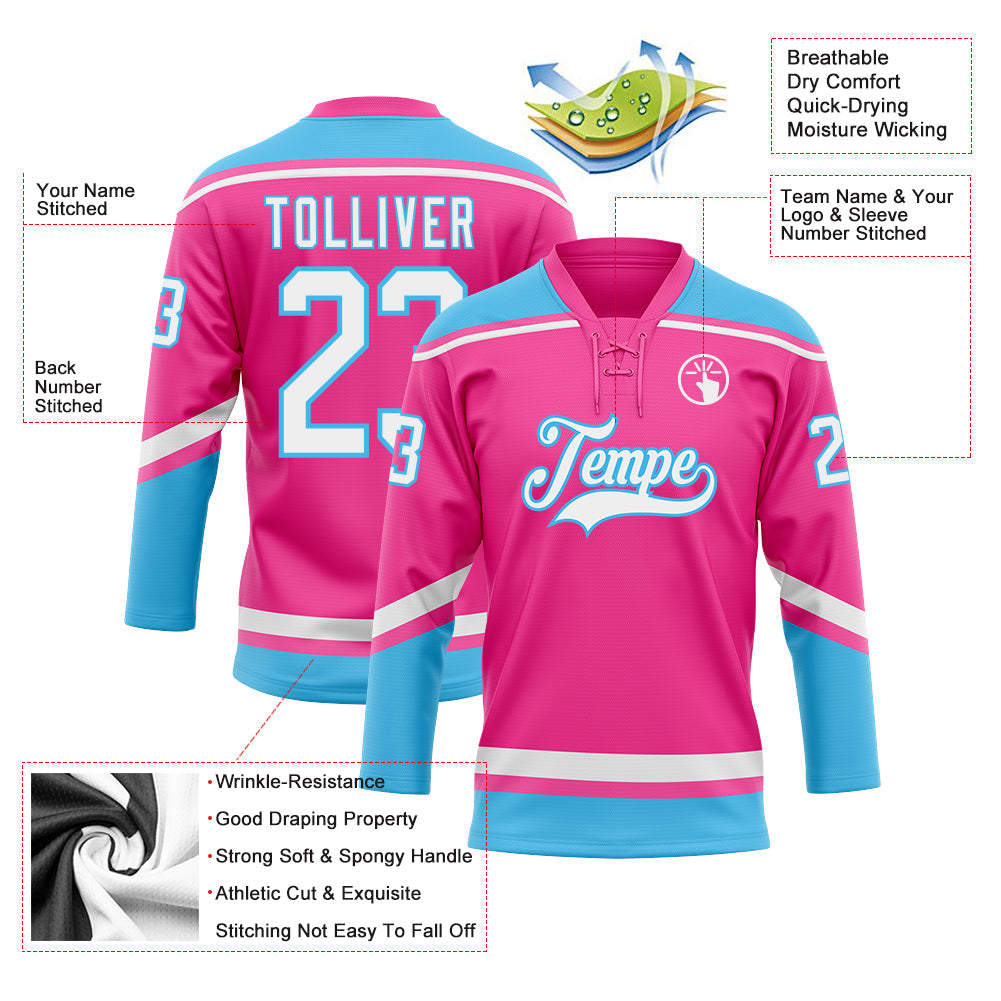 Custom Pink White-Sky Blue Hockey Lace Neck Jersey view 3