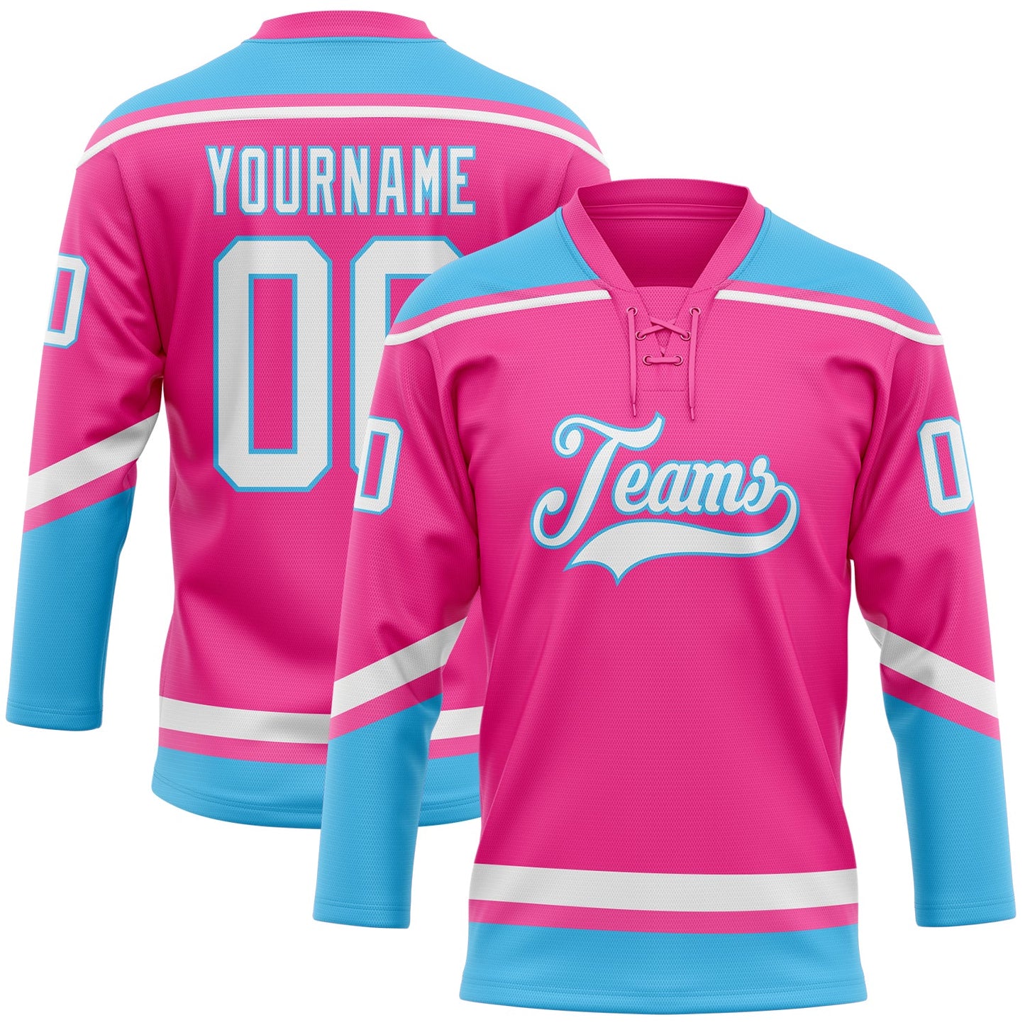 Custom Pink White-Sky Blue Hockey Lace Neck Jersey - Main View