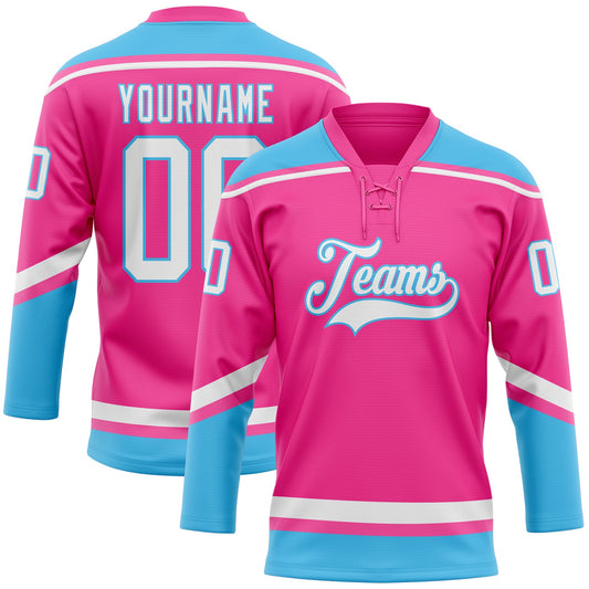 Custom Pink White-Sky Blue Hockey Lace Neck Jersey - Main View