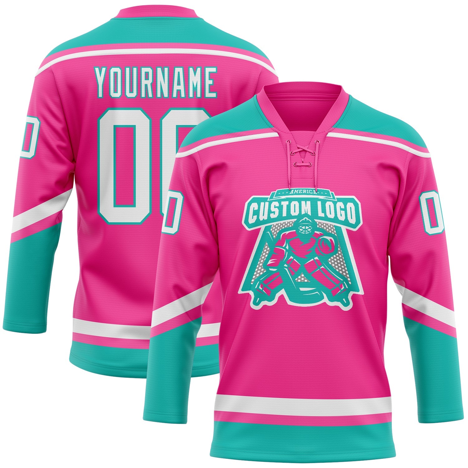 Custom Pink White-Aqua Hockey Lace Neck Jersey view 2