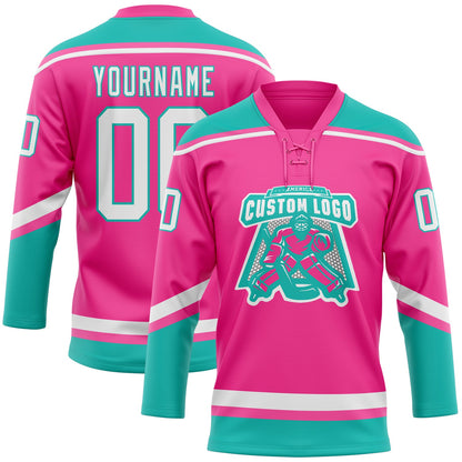 Custom Pink White-Aqua Hockey Lace Neck Jersey view 2