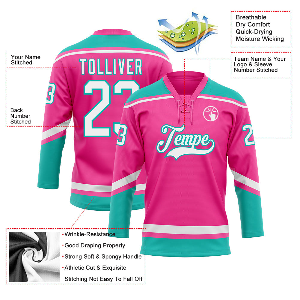 Custom Pink White-Aqua Hockey Lace Neck Jersey view 3