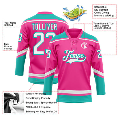 Custom Pink White-Aqua Hockey Lace Neck Jersey view 3