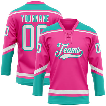 Custom Pink White-Aqua Hockey Lace Neck Jersey - Main View