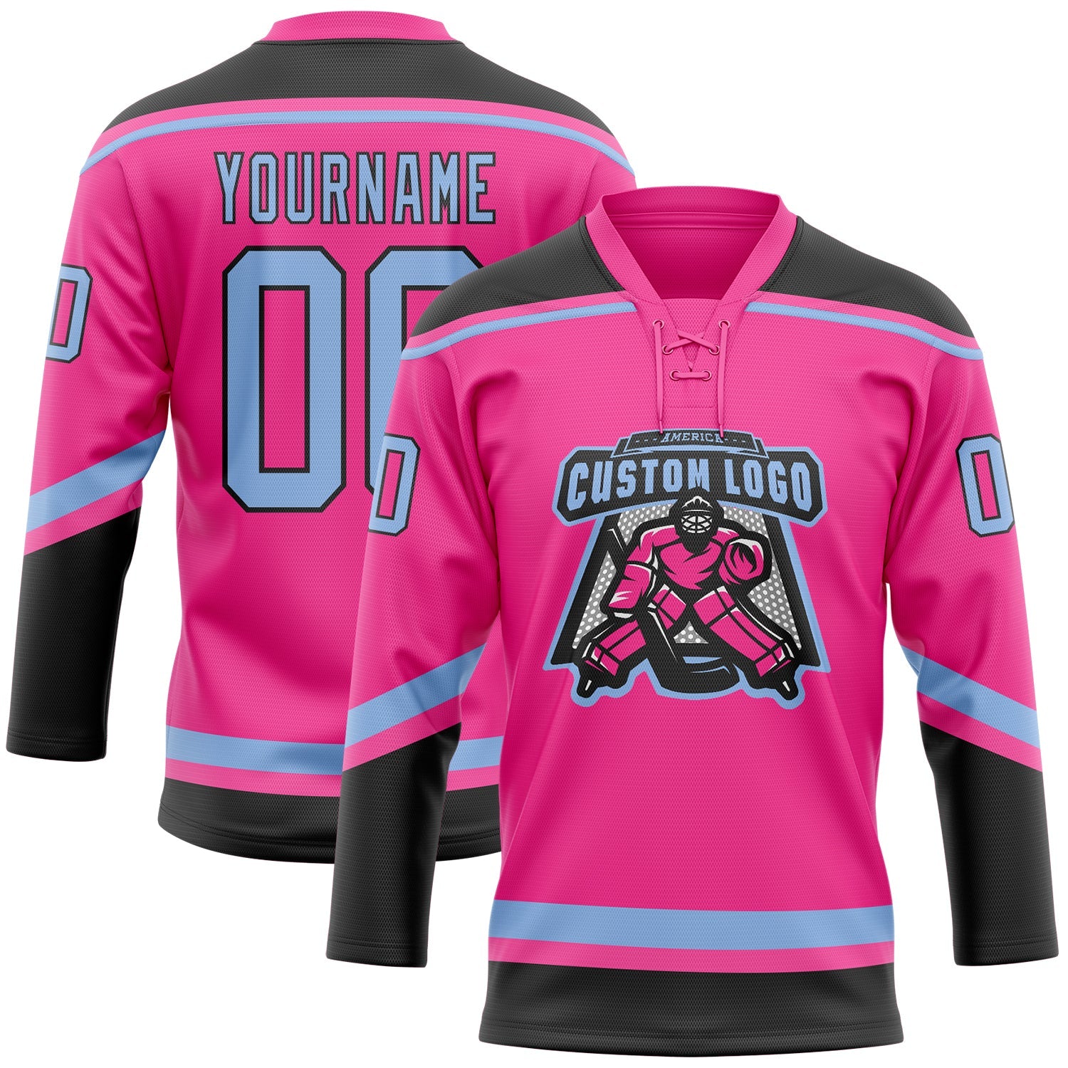 Custom Pink Light Blue-Black Hockey Lace Neck Jersey view 2