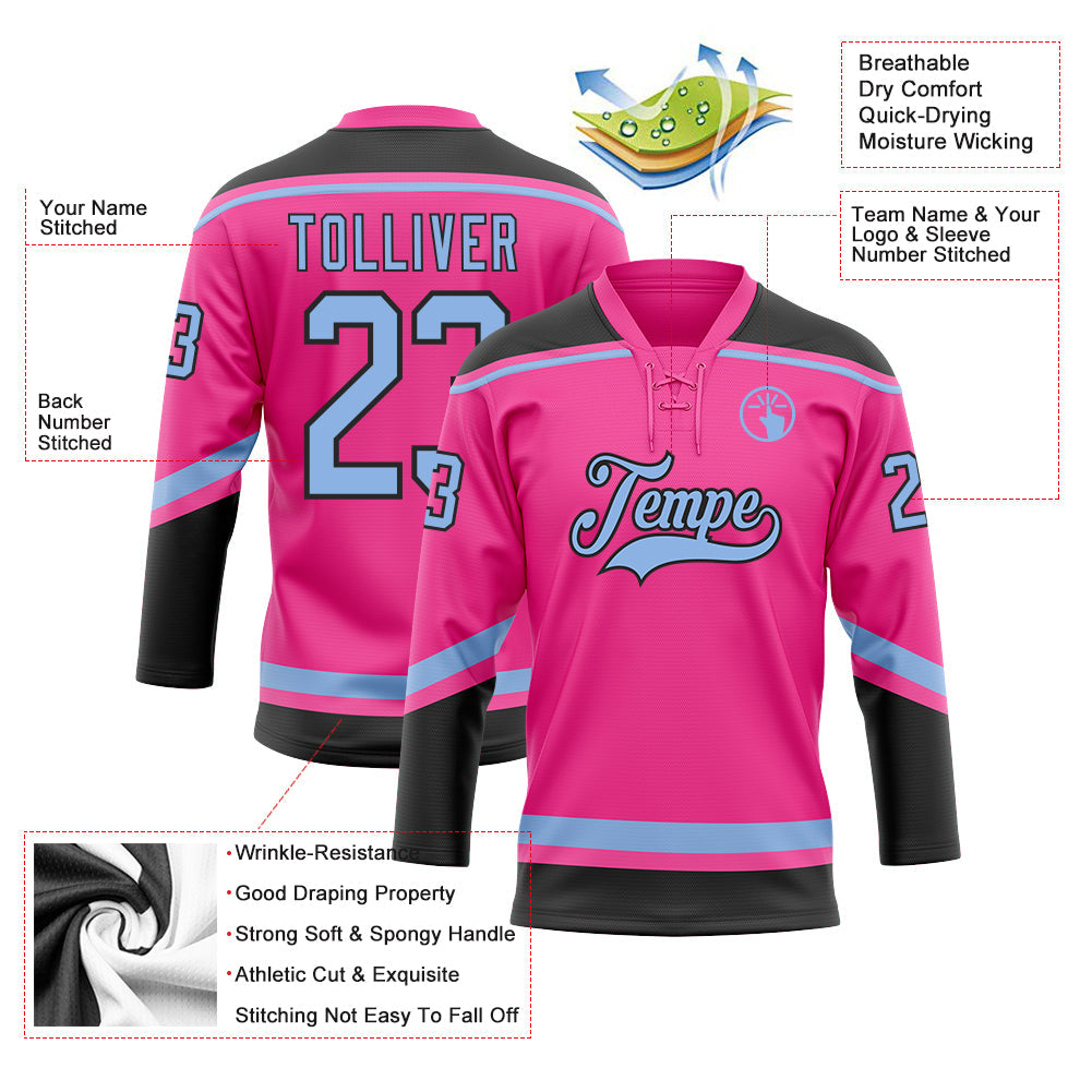 Custom Pink Light Blue-Black Hockey Lace Neck Jersey view 3