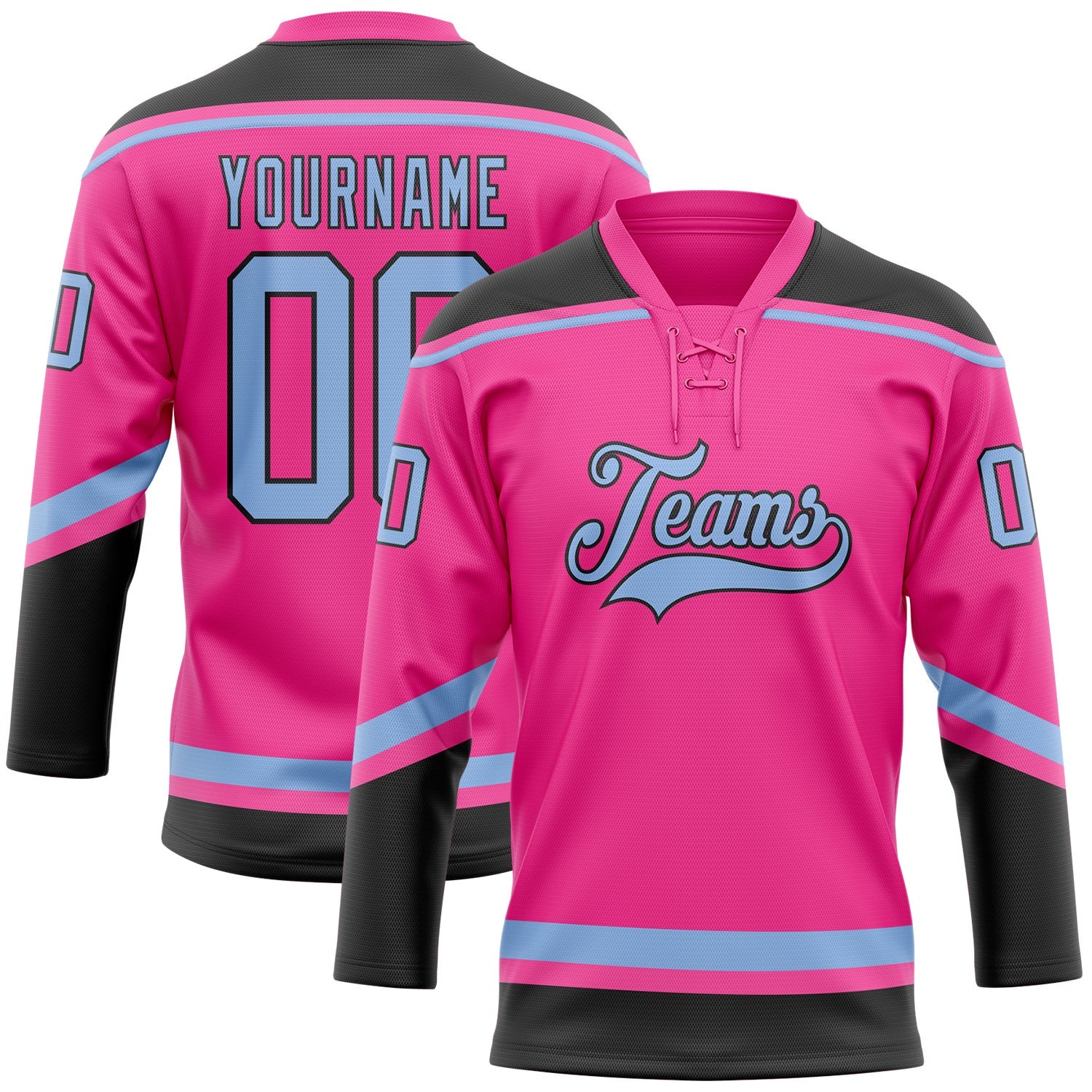 Custom Pink Light Blue-Black Hockey Lace Neck Jersey - Main View