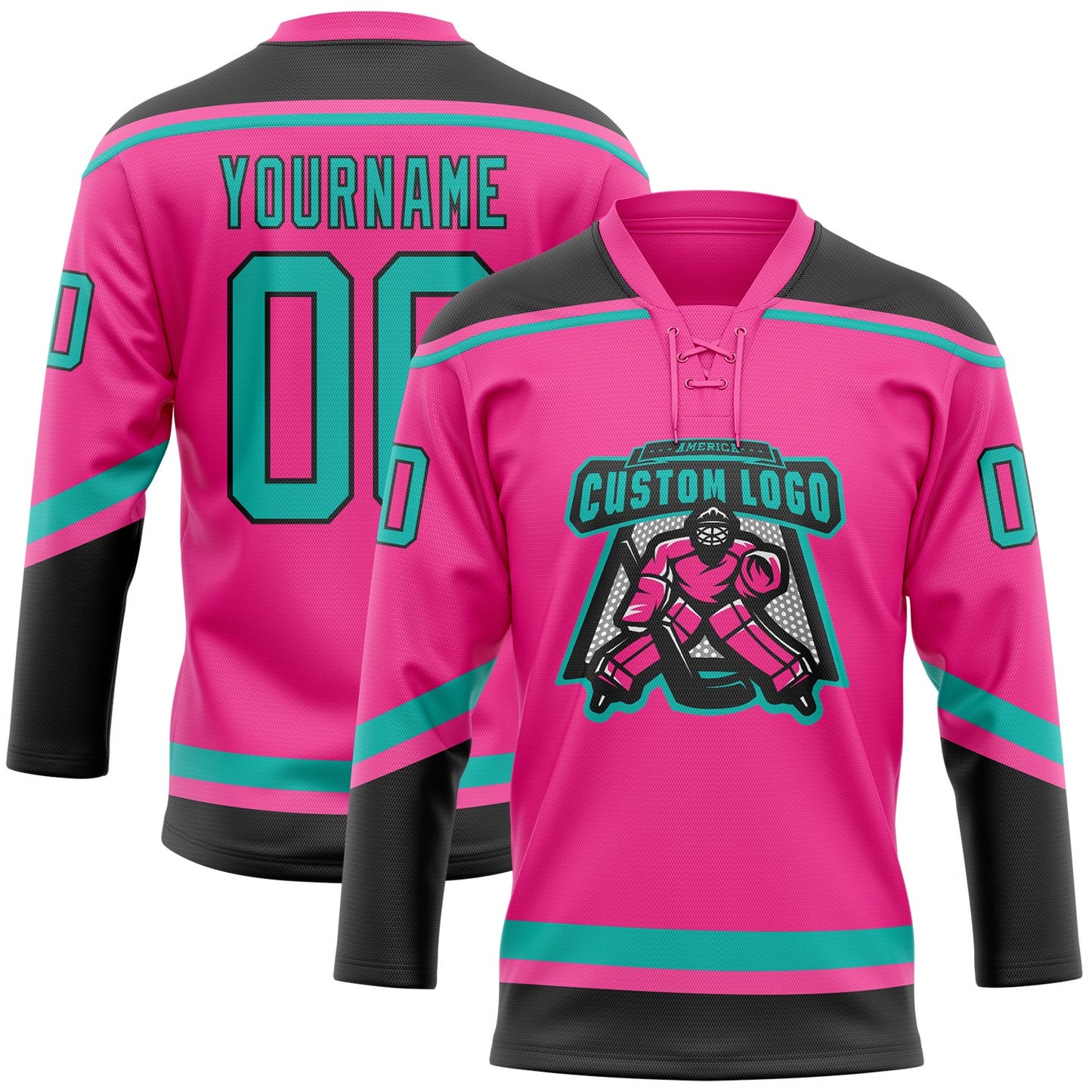 Custom Pink Aqua-Black Hockey Lace Neck Jersey view 2