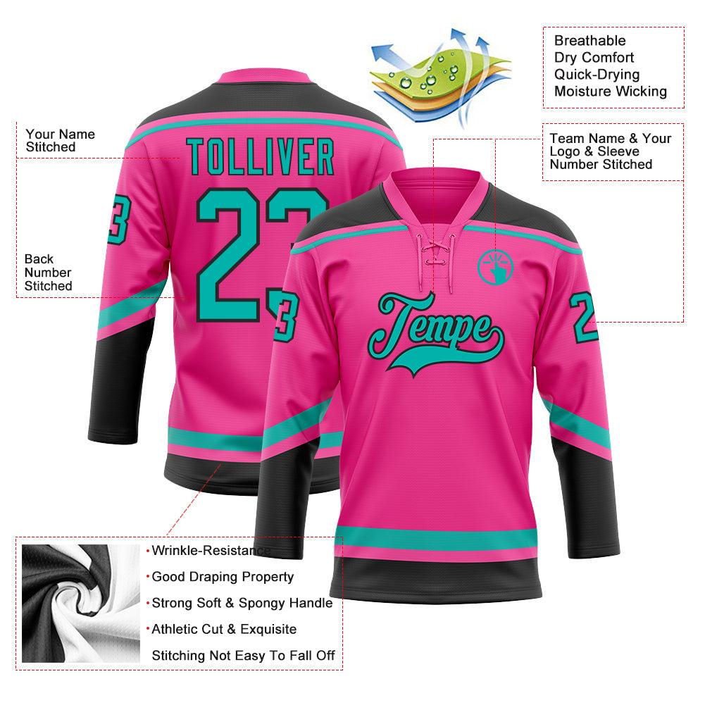 Custom Pink Aqua-Black Hockey Lace Neck Jersey view 3