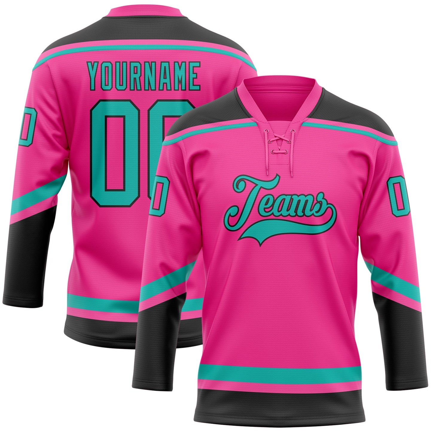 Custom Pink Aqua-Black Hockey Lace Neck Jersey - Main View