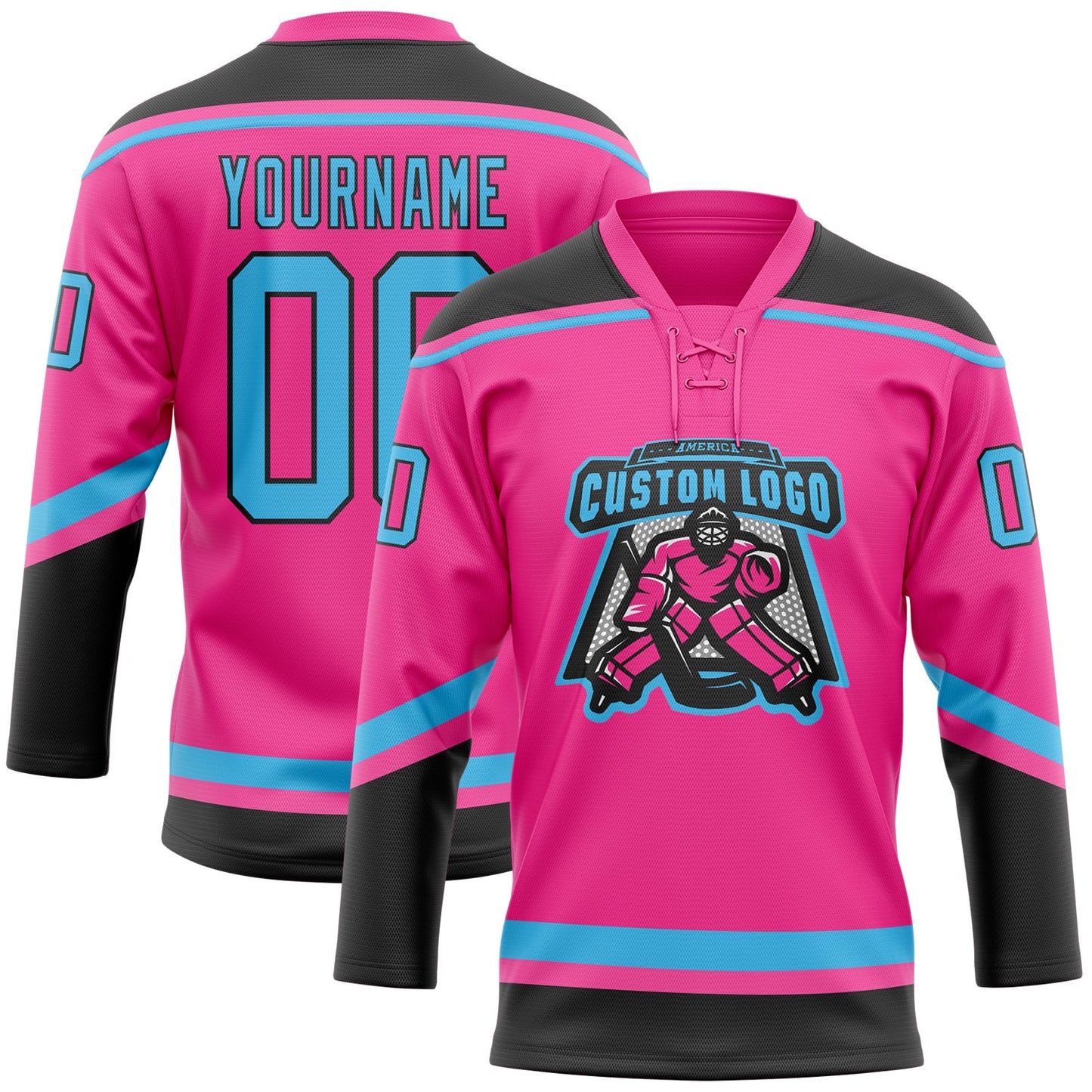 Custom Pink Sky Blue-Black Hockey Lace Neck Jersey view 2