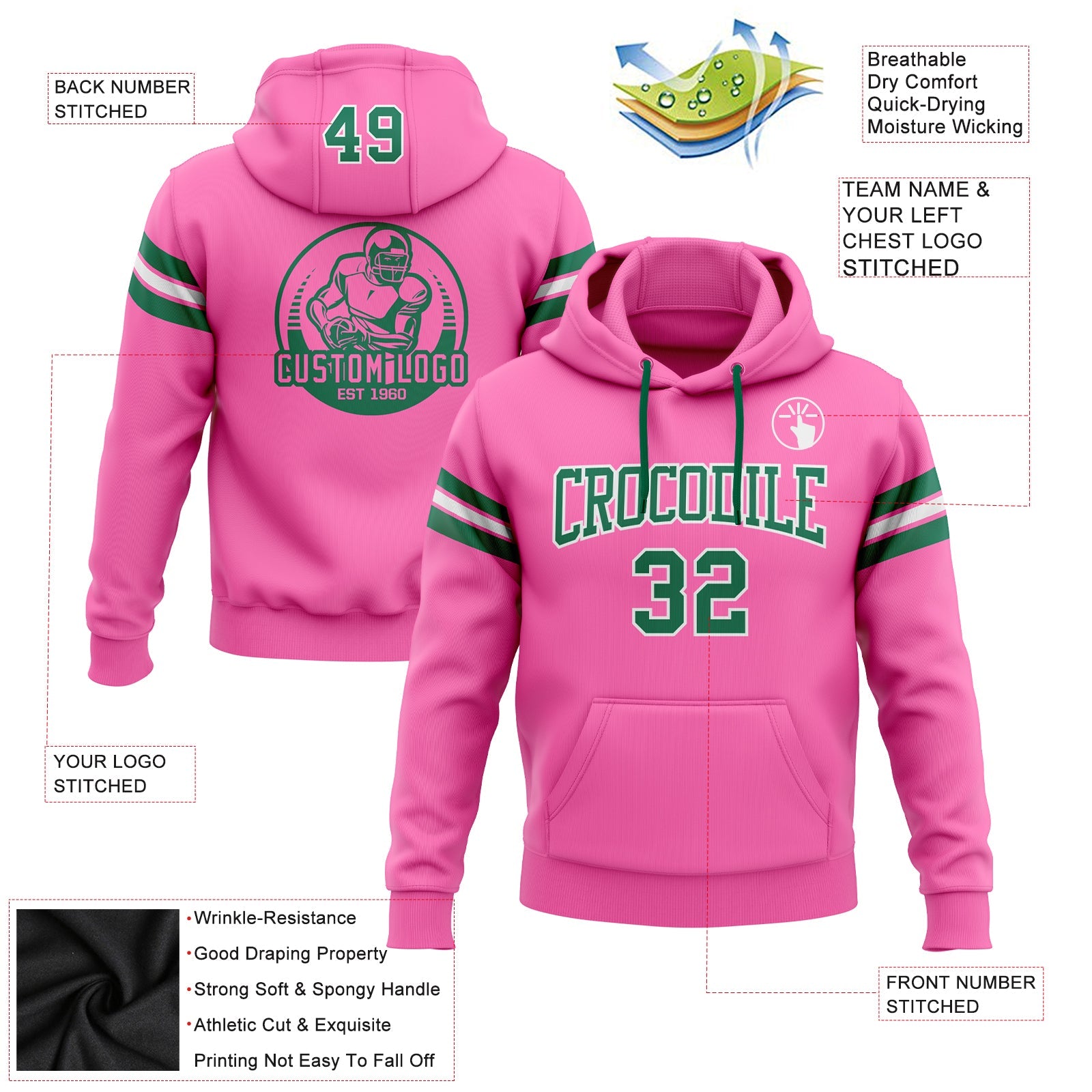 Custom Stitched Pink Kelly Green-White Football Pullover Sweatshirt Hoodie view 2