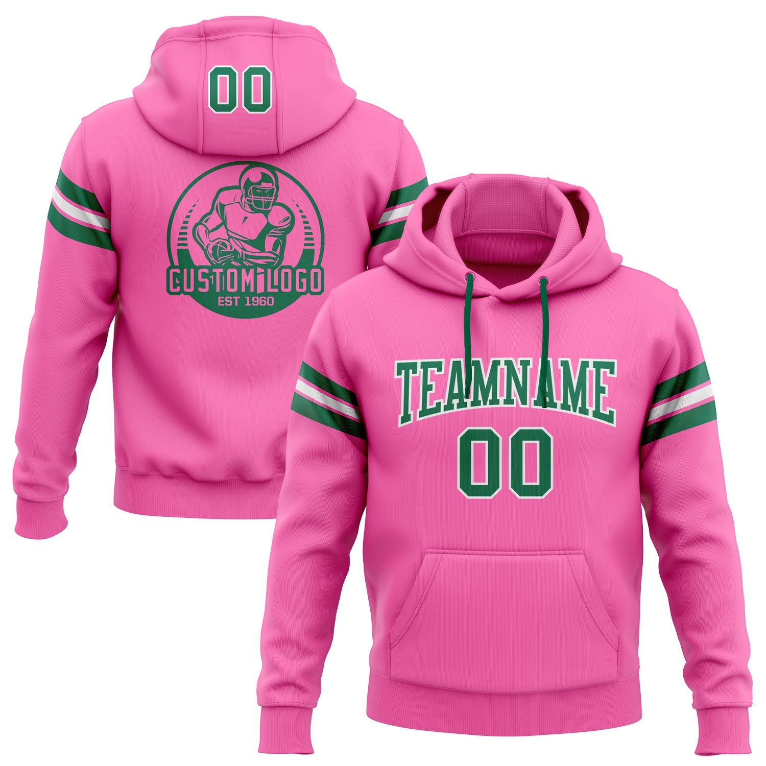 Custom Stitched Pink Kelly Green-White Football Pullover Sweatshirt Hoodie - Main View