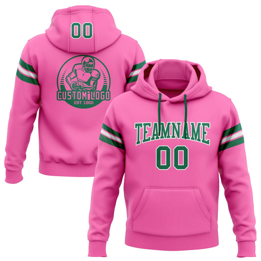Custom Stitched Pink Kelly Green-White Football Pullover Sweatshirt Hoodie - Main View