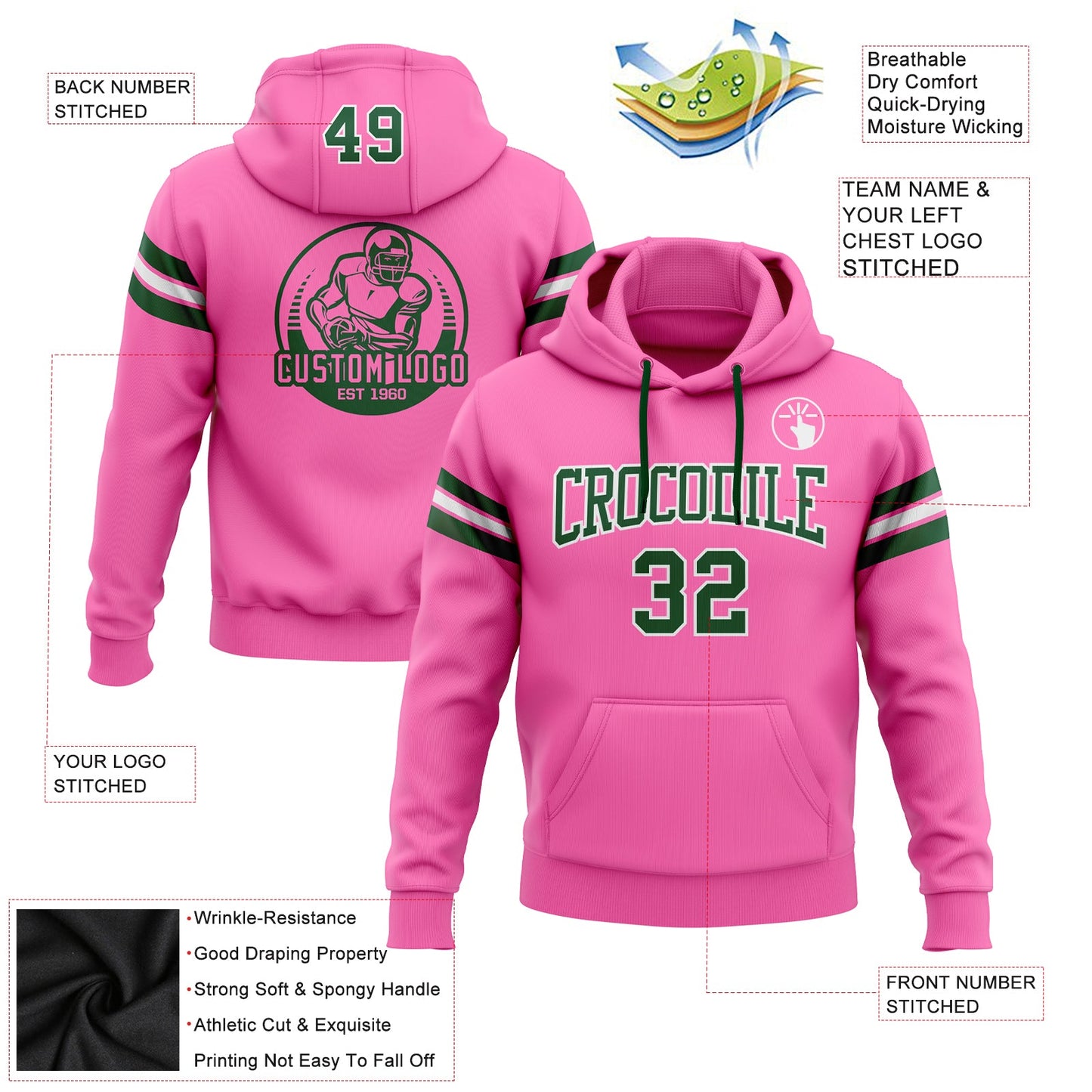 Custom Stitched Pink Green-White Football Pullover Sweatshirt Hoodie view 2