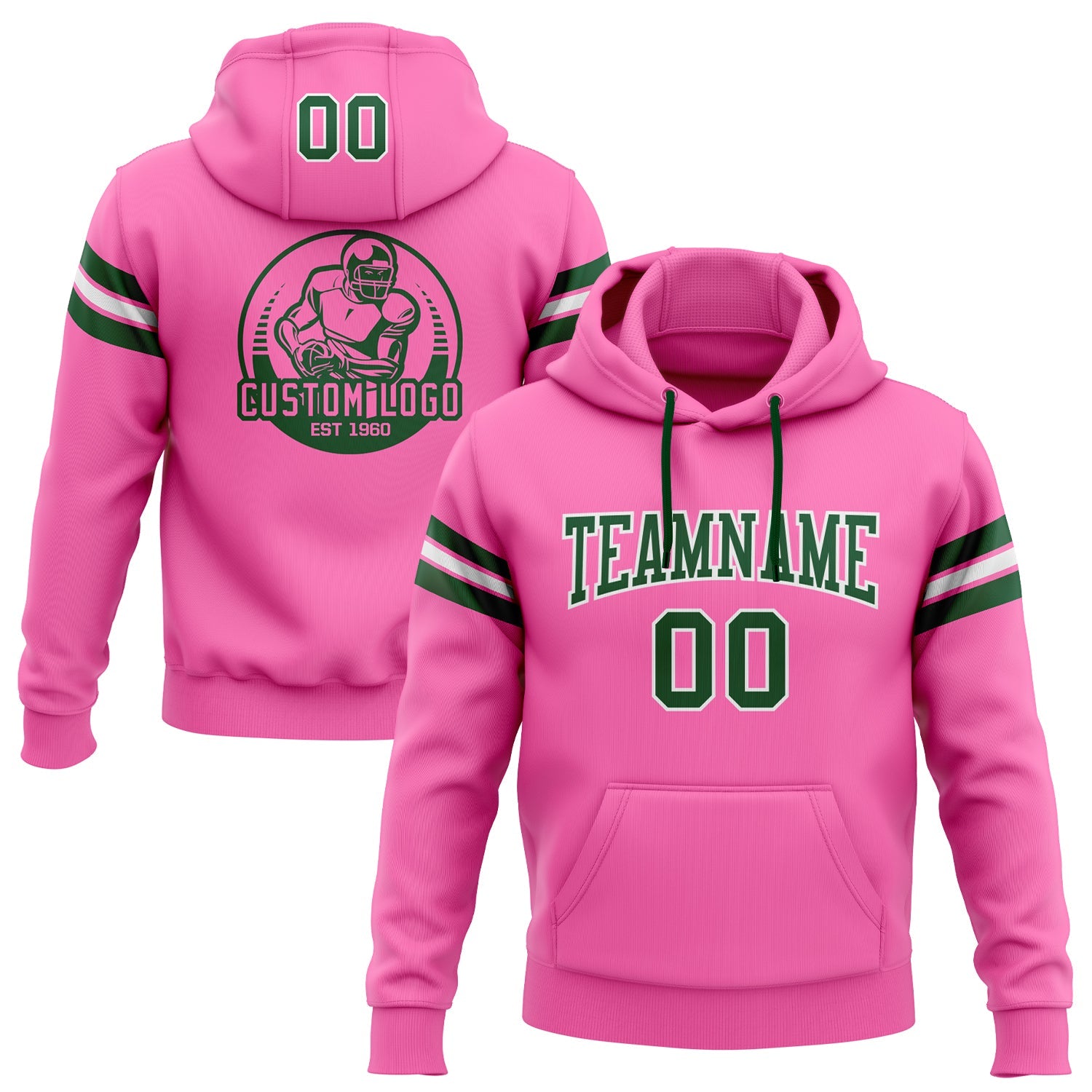 Custom Stitched Pink Green-White Football Pullover Sweatshirt Hoodie - Main View