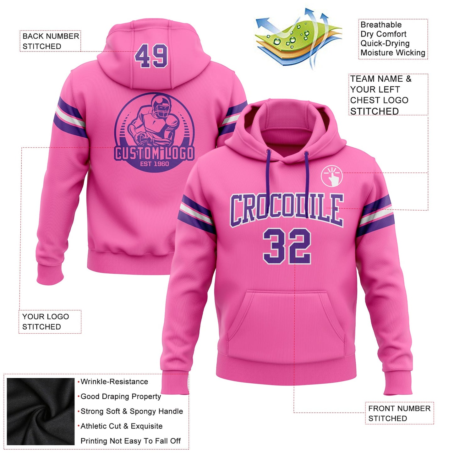 Custom Stitched Pink Purple-White Football Pullover Sweatshirt Hoodie view 2