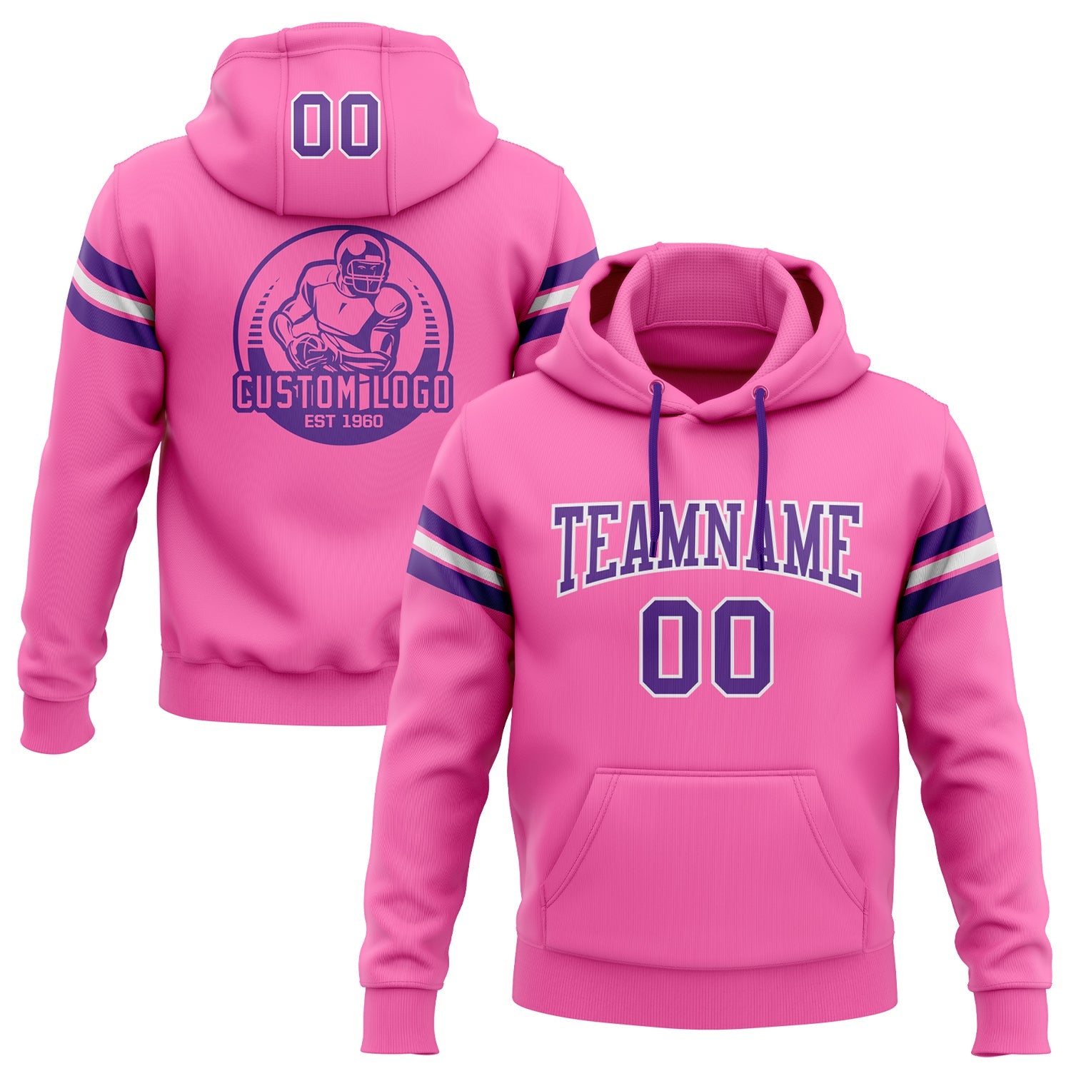 Custom Stitched Pink Purple-White Football Pullover Sweatshirt Hoodie - Main View