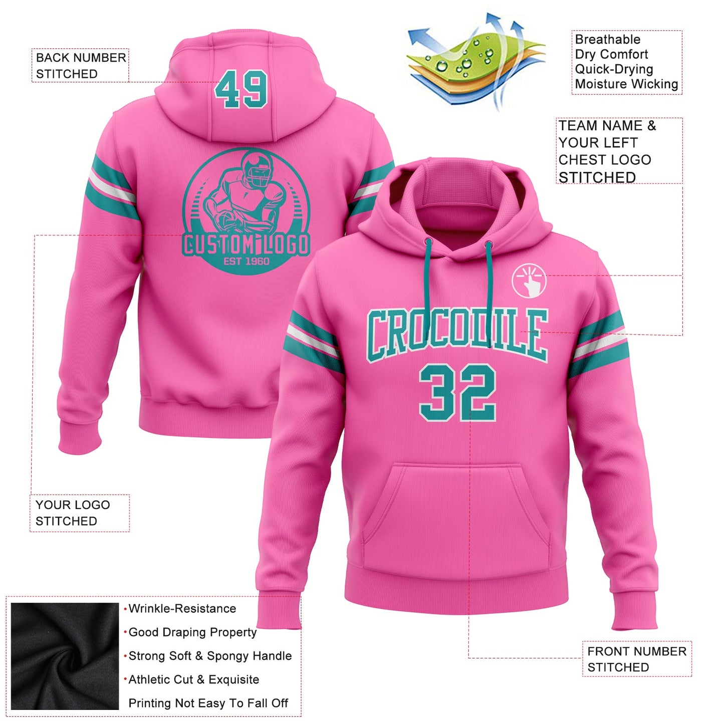 Custom Stitched Pink Teal-White Football Pullover Sweatshirt Hoodie view 2