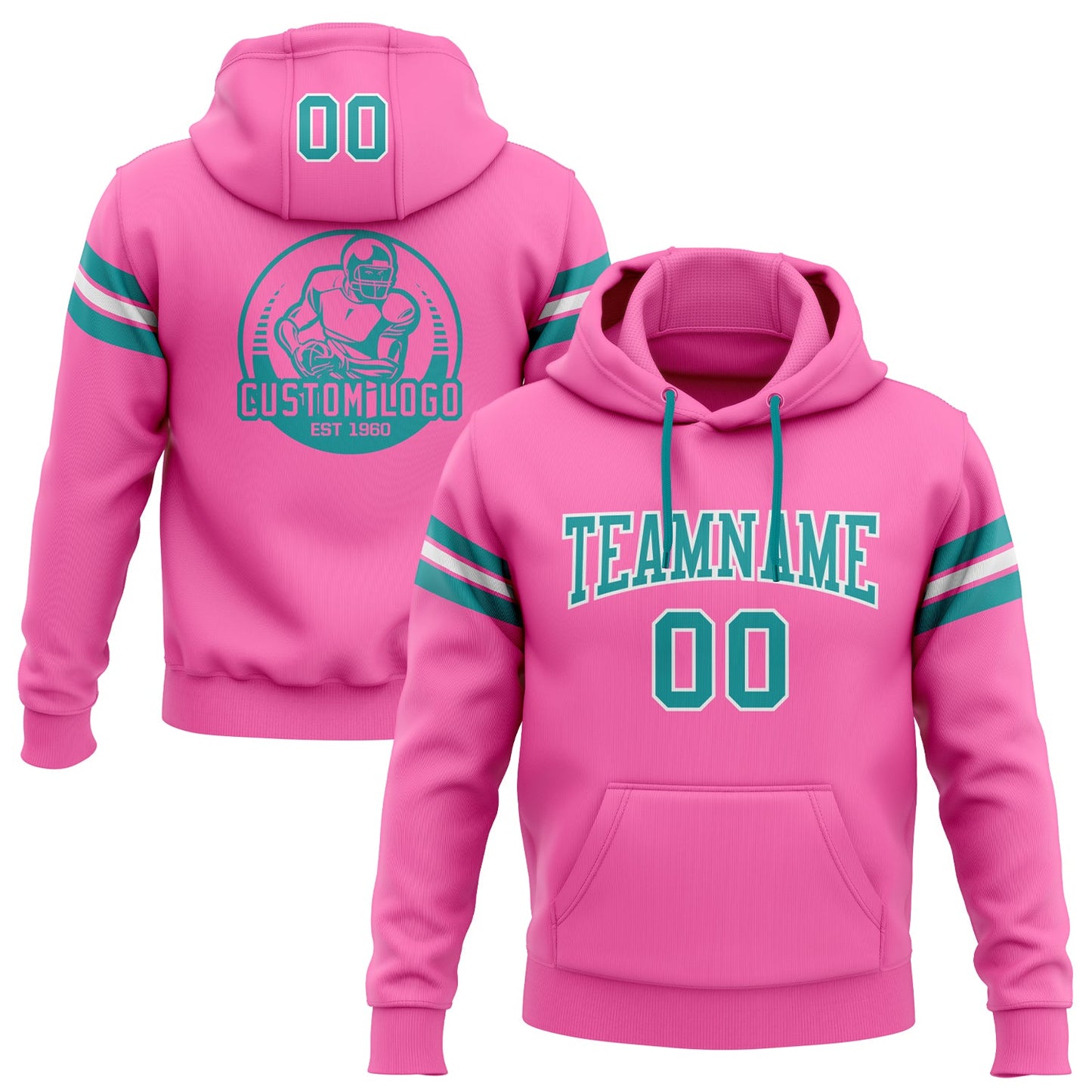 Custom Stitched Pink Teal-White Football Pullover Sweatshirt Hoodie - Main View