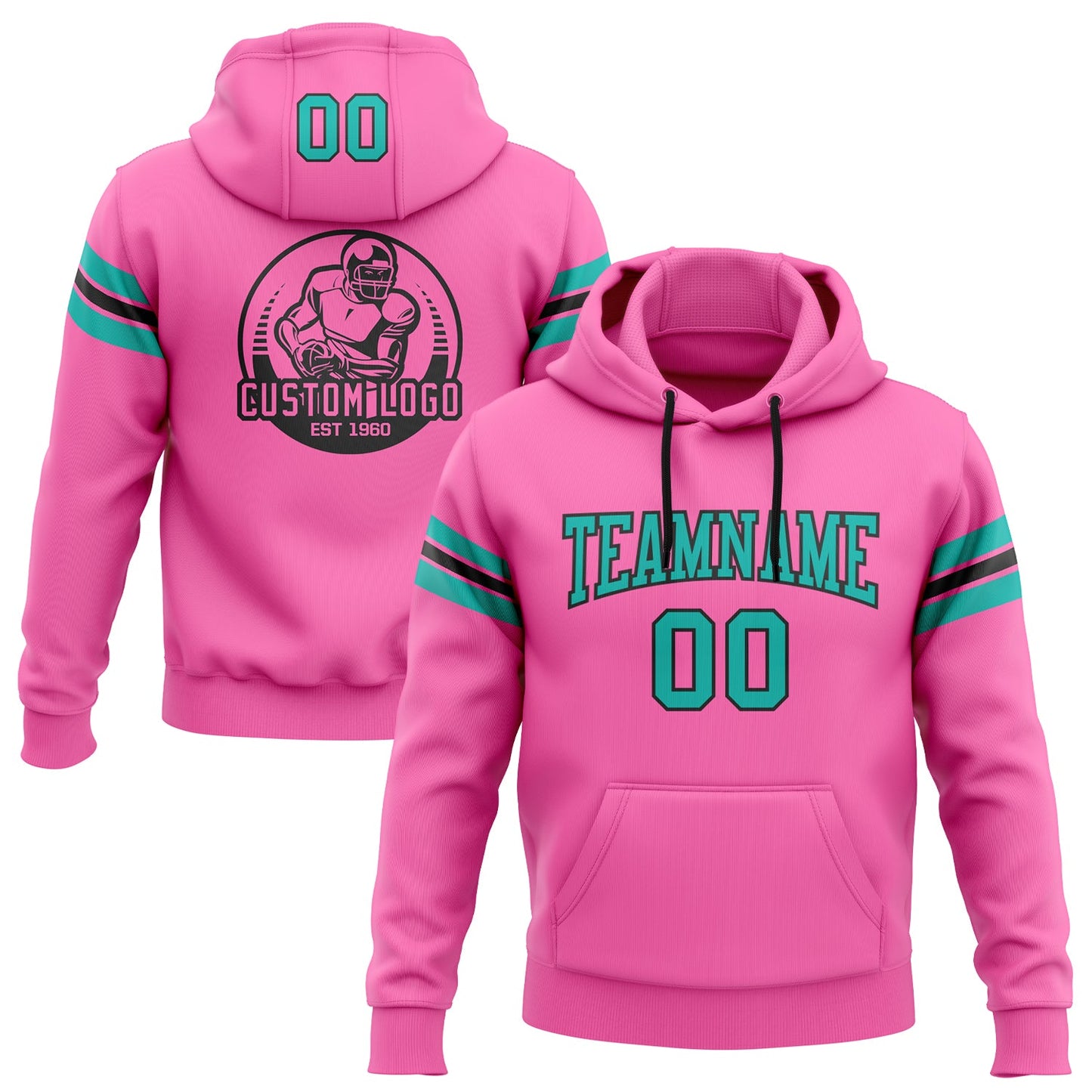Custom Stitched Pink Aqua-Black Football Pullover Sweatshirt Hoodie - Main View